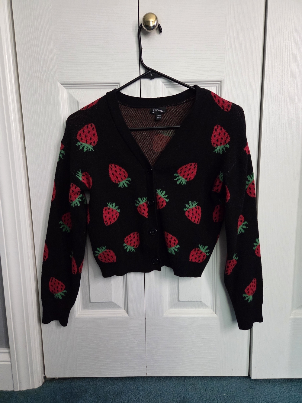Art Class Girls Black Cropped Cardigan with Red Strawberry Print Size 10/12